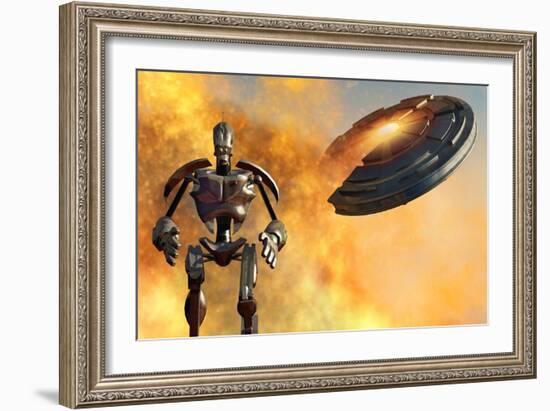 A Giant Robot and Ufo on the Attack-null-Framed Art Print