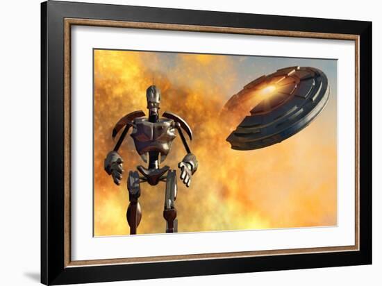 A Giant Robot and Ufo on the Attack-null-Framed Art Print