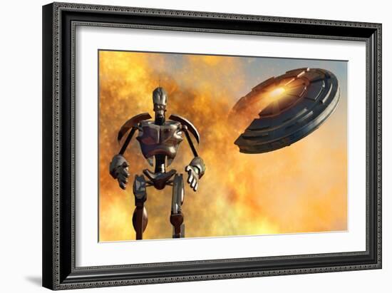 A Giant Robot and Ufo on the Attack-null-Framed Art Print