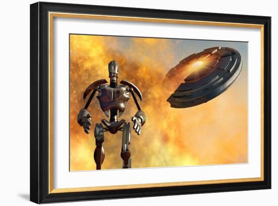 A Giant Robot and Ufo on the Attack-null-Framed Art Print