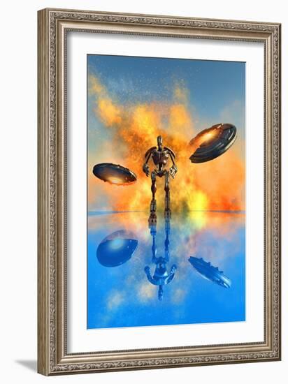 A Giant Robot and Ufo's on the Attack-null-Framed Art Print