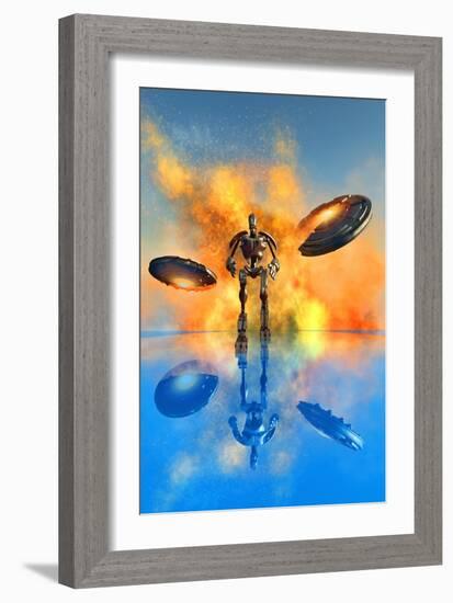 A Giant Robot and Ufo's on the Attack-null-Framed Art Print