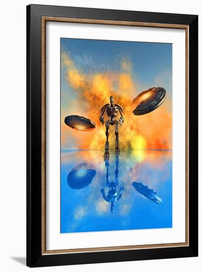 A Giant Robot and Ufo's on the Attack-null-Framed Art Print