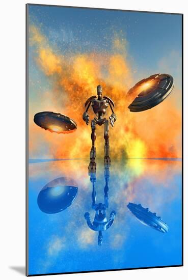 A Giant Robot and Ufo's on the Attack-null-Mounted Art Print