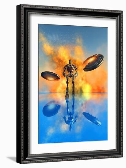 A Giant Robot and Ufo's on the Attack-null-Framed Art Print