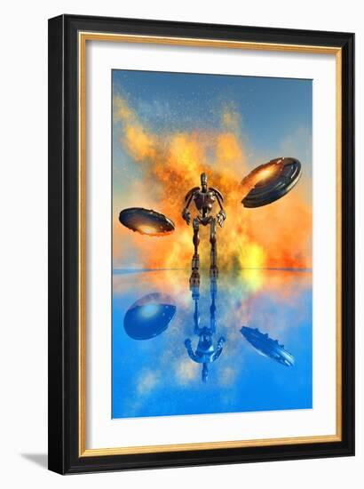 A Giant Robot and Ufo's on the Attack-null-Framed Art Print