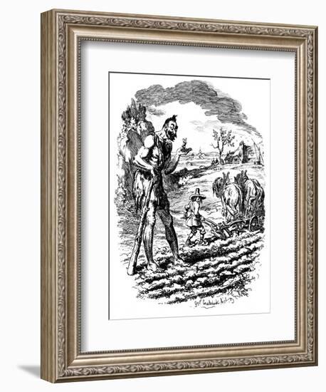 A Giant Stands in a Field as a Farmer Ploughs, 19th Century-George Cruikshank-Framed Giclee Print