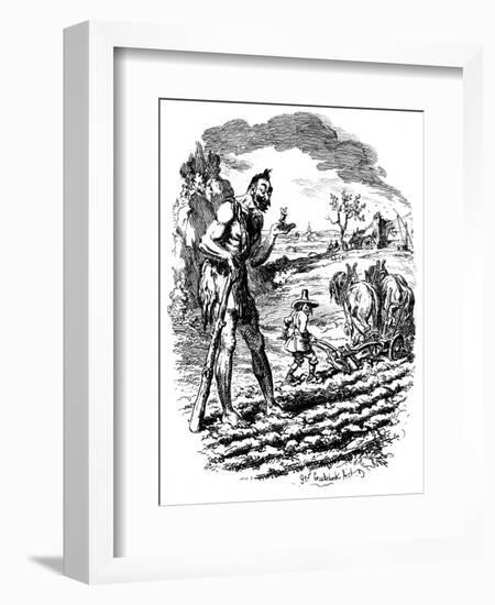 A Giant Stands in a Field as a Farmer Ploughs, 19th Century-George Cruikshank-Framed Giclee Print