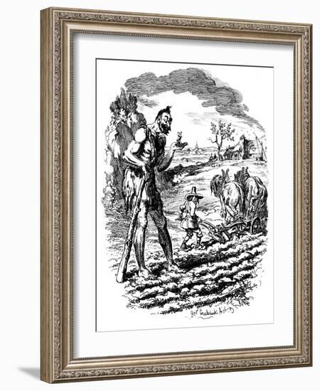 A Giant Stands in a Field as a Farmer Ploughs, 19th Century-George Cruikshank-Framed Giclee Print