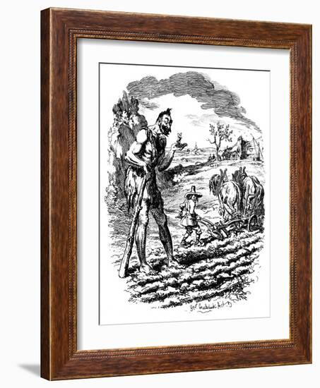 A Giant Stands in a Field as a Farmer Ploughs, 19th Century-George Cruikshank-Framed Giclee Print