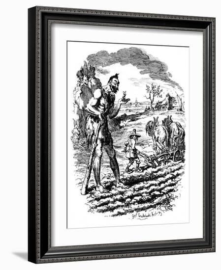 A Giant Stands in a Field as a Farmer Ploughs, 19th Century-George Cruikshank-Framed Giclee Print