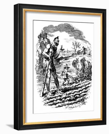 A Giant Stands in a Field as a Farmer Ploughs, 19th Century-George Cruikshank-Framed Giclee Print