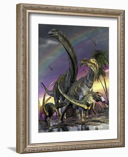 A Giganotosaurus Trying to Take Down a Young Argentinosaurus-Stocktrek Images-Framed Art Print