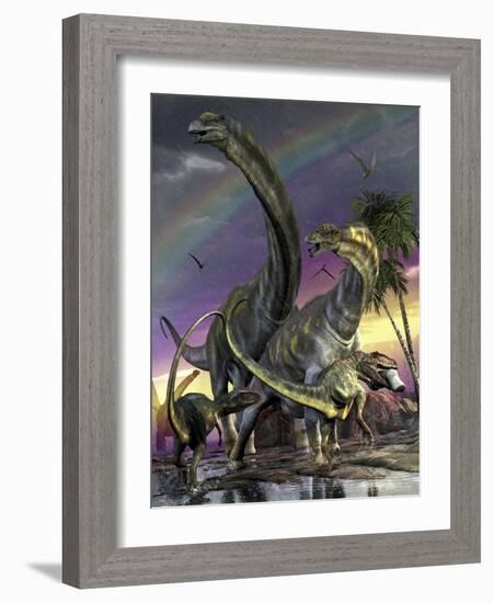 A Giganotosaurus Trying to Take Down a Young Argentinosaurus-Stocktrek Images-Framed Art Print