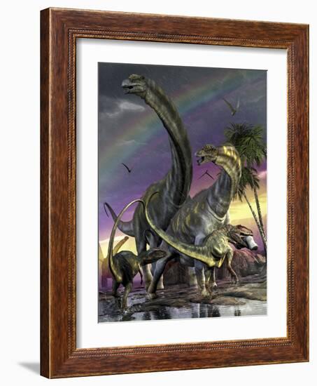 A Giganotosaurus Trying to Take Down a Young Argentinosaurus-Stocktrek Images-Framed Art Print