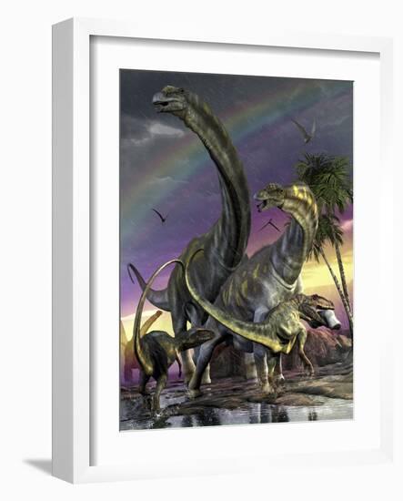 A Giganotosaurus Trying to Take Down a Young Argentinosaurus-Stocktrek Images-Framed Art Print
