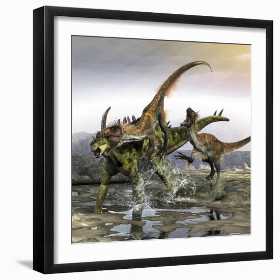 A Gigantspinosaurus Is Attacked by a Pair of Utahraptors-Stocktrek Images-Framed Art Print