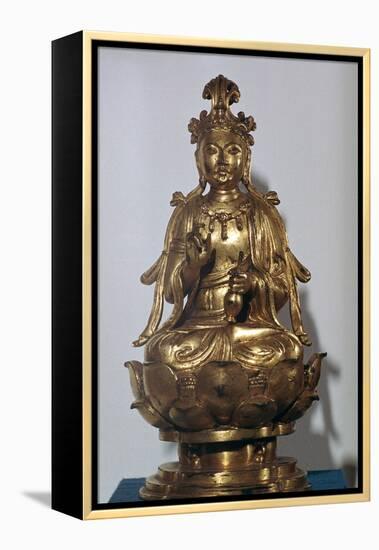 A gilt-bronze statuette of a Bodhisattva on a lotus leaf, 10th century-Unknown-Framed Premier Image Canvas