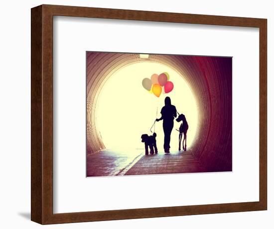 A Girl at the End of a Tunnel Holding Balloons and Two Dogs Done with an Instagram Vintage Retro Fi-graphicphoto-Framed Photographic Print