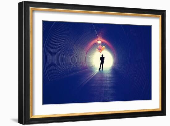 A Girl at the End of a Tunnel Holding Balloons-graphicphoto-Framed Photographic Print