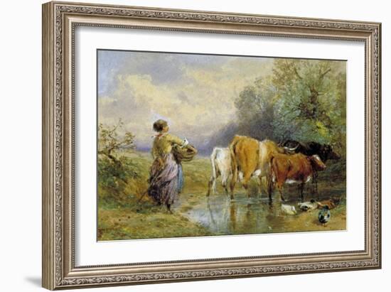 A Girl Driving Cattle across a Stream, 19th Century-Myles Birket Foster-Framed Giclee Print