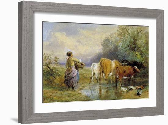 A Girl Driving Cattle across a Stream, 19th Century-Myles Birket Foster-Framed Giclee Print