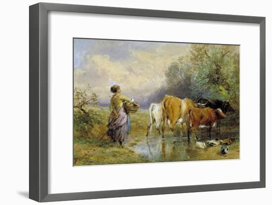 A Girl Driving Cattle across a Stream, 19th Century-Myles Birket Foster-Framed Giclee Print