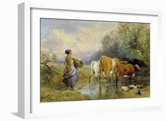 A Girl Driving Cattle across a Stream, 19th Century-Myles Birket Foster-Framed Giclee Print