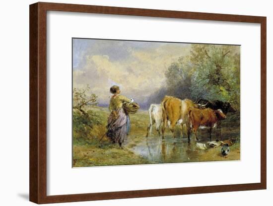 A Girl Driving Cattle across a Stream, 19th Century-Myles Birket Foster-Framed Giclee Print