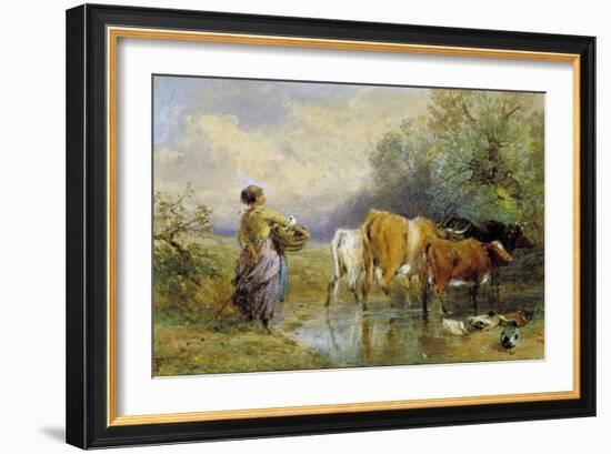 A Girl Driving Cattle across a Stream, 19th Century-Myles Birket Foster-Framed Giclee Print