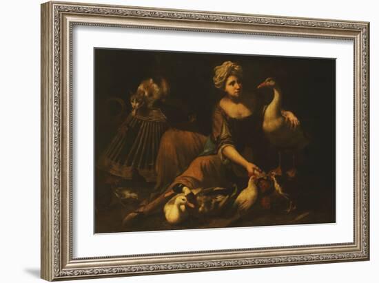 A Girl Feeding Cockerels, with a Cat on a Basket, a Goose, Duck and other Birds-called Mao Salini Tommaso-Framed Giclee Print