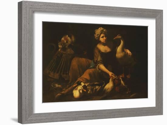 A Girl Feeding Cockerels, with a Cat on a Basket, a Goose, Duck and other Birds-called Mao Salini Tommaso-Framed Giclee Print