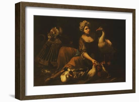 A Girl Feeding Cockerels, with a Cat on a Basket, a Goose, Duck and other Birds-called Mao Salini Tommaso-Framed Giclee Print