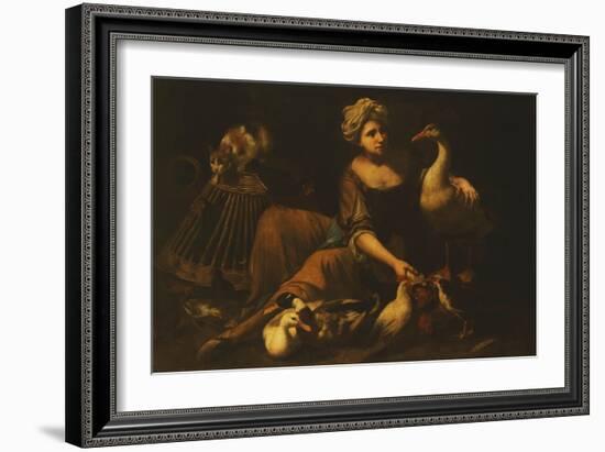 A Girl Feeding Cockerels, with a Cat on a Basket, a Goose, Duck and other Birds-called Mao Salini Tommaso-Framed Giclee Print