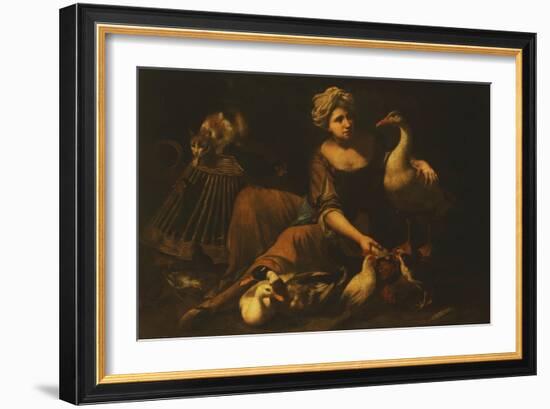 A Girl Feeding Cockerels, with a Cat on a Basket, a Goose, Duck and other Birds-called Mao Salini Tommaso-Framed Giclee Print