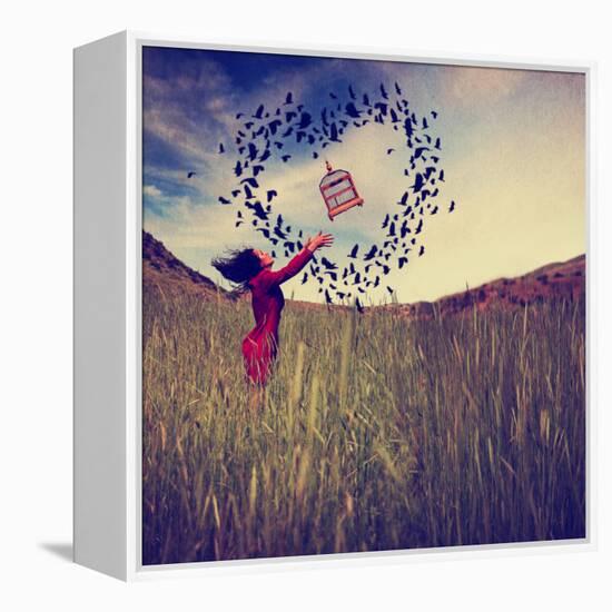 A Girl in a Field Tossing a Birdcage in the Air with Birds Flying in the Shape of a Heart Toned Wit-graphicphoto-Framed Premier Image Canvas