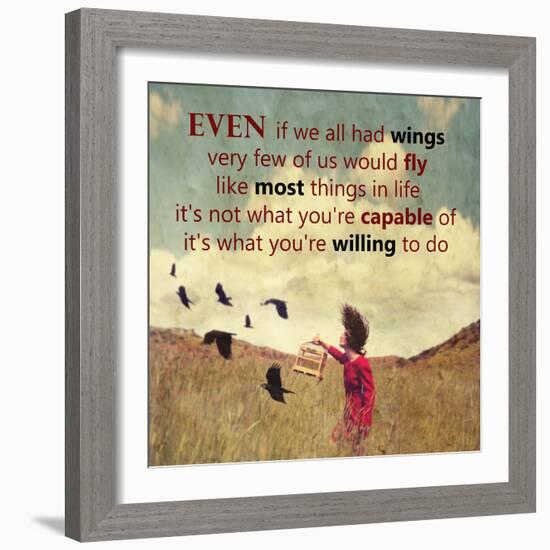 A Girl Walking in a Field with a Flock of Birds with an Original Quote-graphicphoto-Framed Photographic Print
