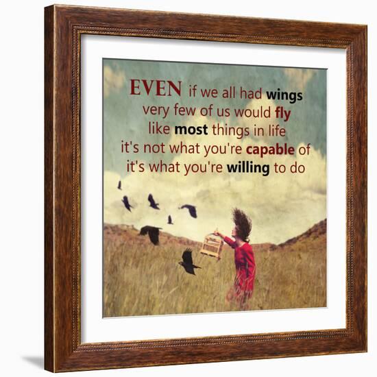 A Girl Walking in a Field with a Flock of Birds with an Original Quote-graphicphoto-Framed Photographic Print