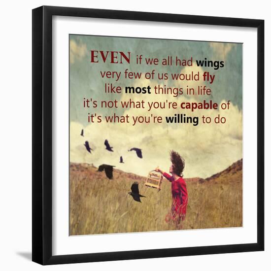 A Girl Walking in a Field with a Flock of Birds with an Original Quote-graphicphoto-Framed Photographic Print