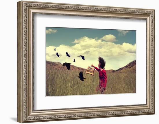 A Girl Walking through a Field with a Flock of Ravens or Crows Toned with a Retro Vintage Instagram-Annette Shaff-Framed Photographic Print