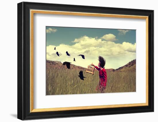 A Girl Walking through a Field with a Flock of Ravens or Crows Toned with a Retro Vintage Instagram-Annette Shaff-Framed Photographic Print