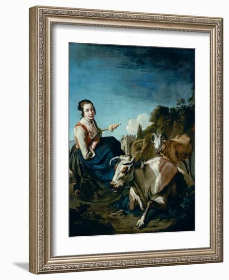 A Girl with a Cow and Sheep in a Rocky Landscape, circa 1700-Giacomo Ceruti-Framed Giclee Print