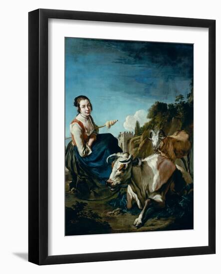 A Girl with a Cow and Sheep in a Rocky Landscape, circa 1700-Giacomo Ceruti-Framed Giclee Print