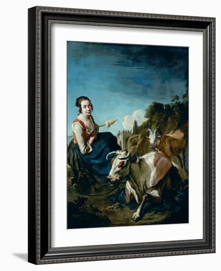 A Girl with a Cow and Sheep in a Rocky Landscape, circa 1700-Giacomo Ceruti-Framed Giclee Print