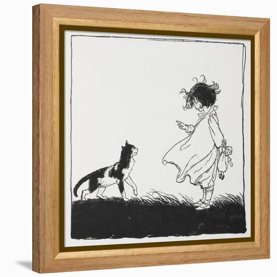 A Girl With a Doll Tells Off Her Cat-Arthur Rackham-Framed Premier Image Canvas