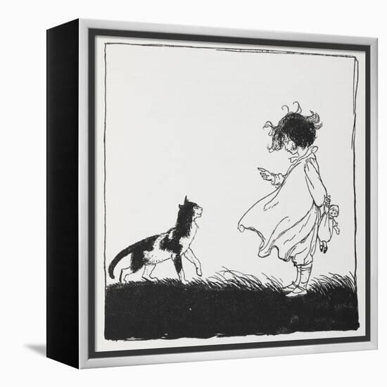 A Girl With a Doll Tells Off Her Cat-Arthur Rackham-Framed Premier Image Canvas