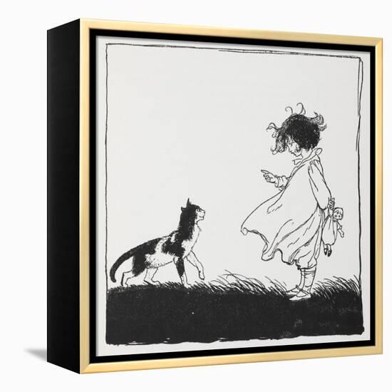 A Girl With a Doll Tells Off Her Cat-Arthur Rackham-Framed Premier Image Canvas