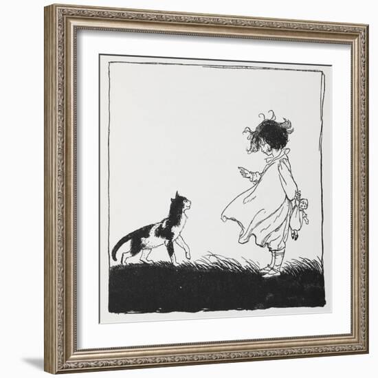 A Girl With a Doll Tells Off Her Cat-Arthur Rackham-Framed Giclee Print