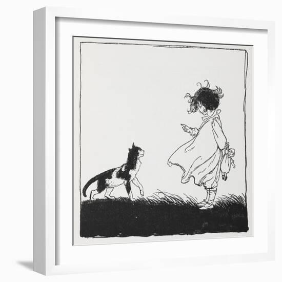 A Girl With a Doll Tells Off Her Cat-Arthur Rackham-Framed Giclee Print