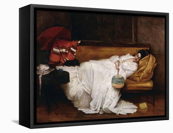 A Girl with a Japanese Fan Asleep on a Sofa-Alfred Emile Léopold Stevens-Framed Premier Image Canvas